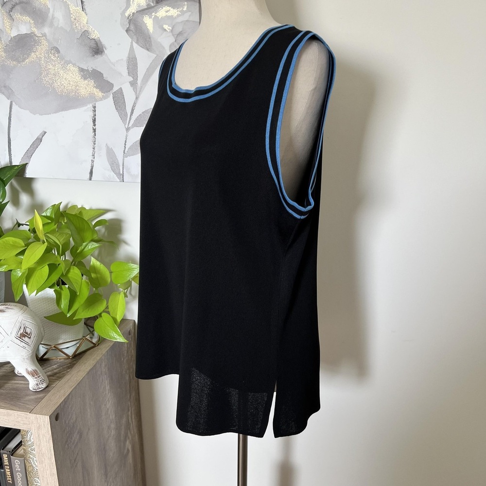 Misook Tank Top Womens XL Black Knit Scoop Neck Blue Trim Sleeveless Minimalist - Picture 3 of 6